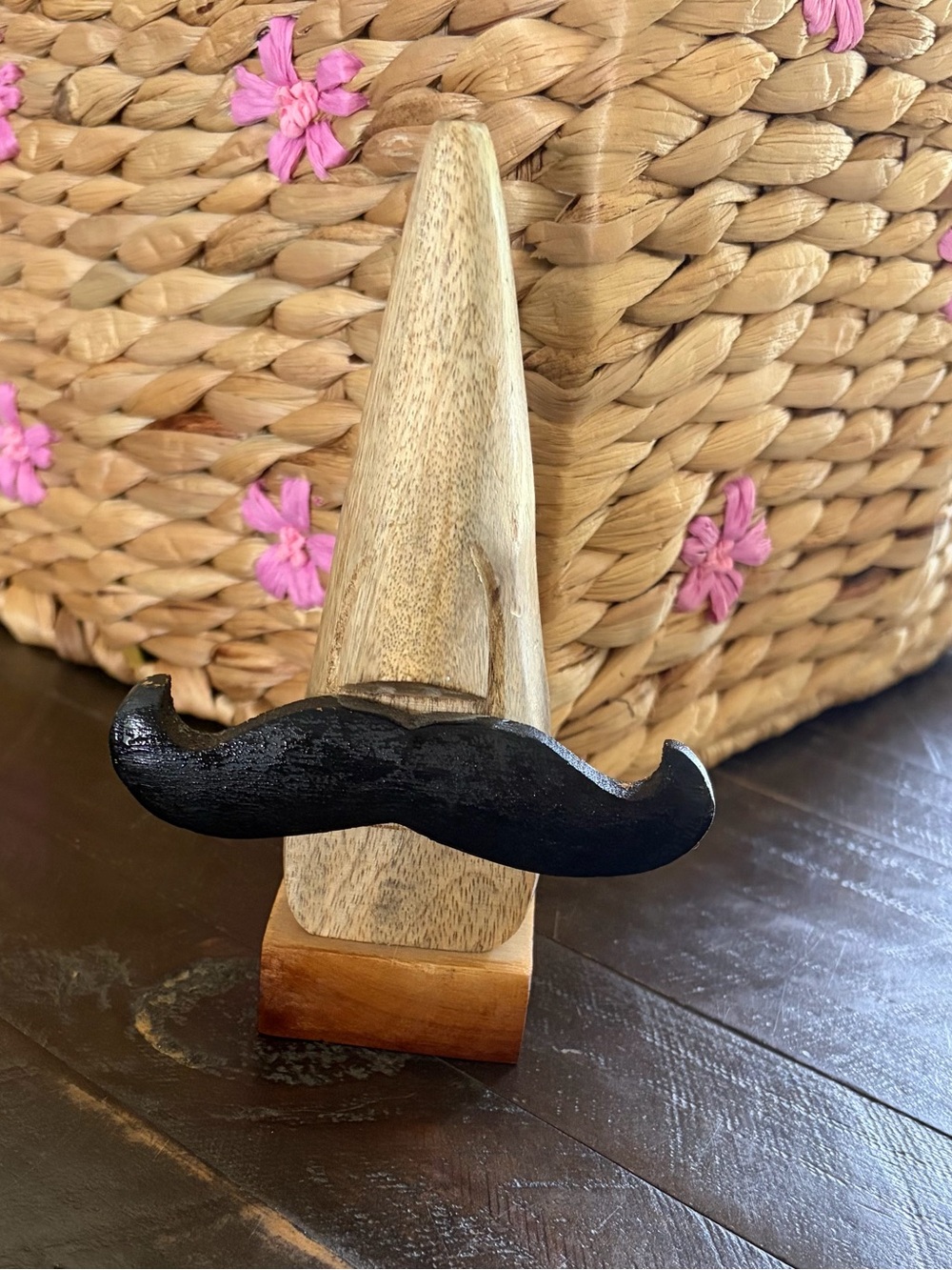 Natural Wood Eye Glasses Holder with Black Mustache Accent
